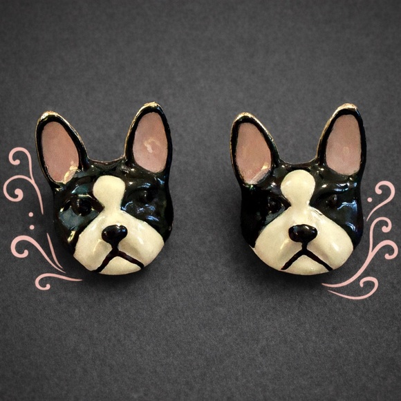 Belle Du Jour Jewelry - Boston Terrier Dog Stud Earrings Enamel Black White Pink Cute Gift Animal